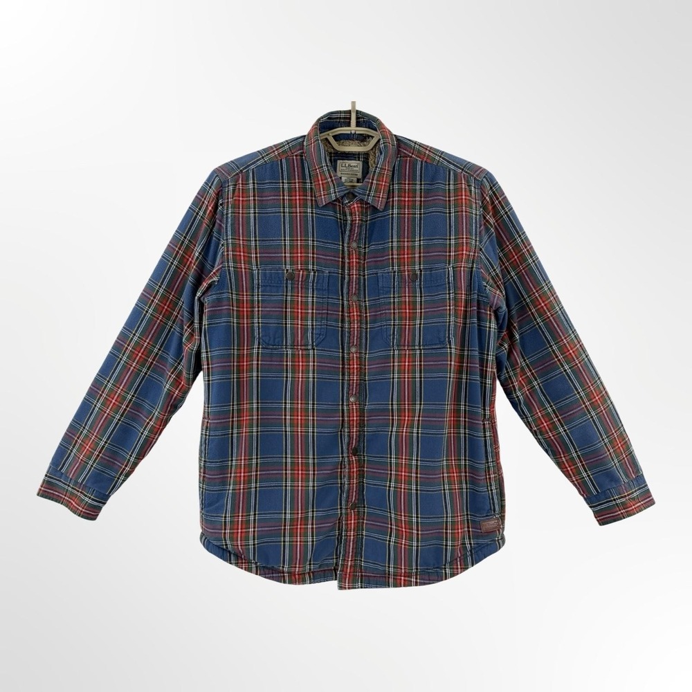 L.L.Bean Sherpa Lined Flannel‎ Shirt Jacket Men's M Blue Plaid Snap Shacket